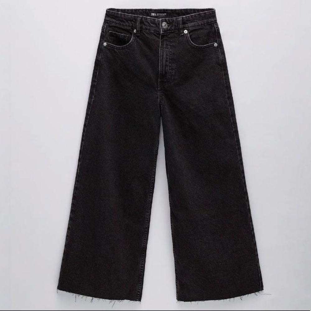 NWT ZARA Black High Waist Wide Leg Culotte Jeans - Picture 2 of 9